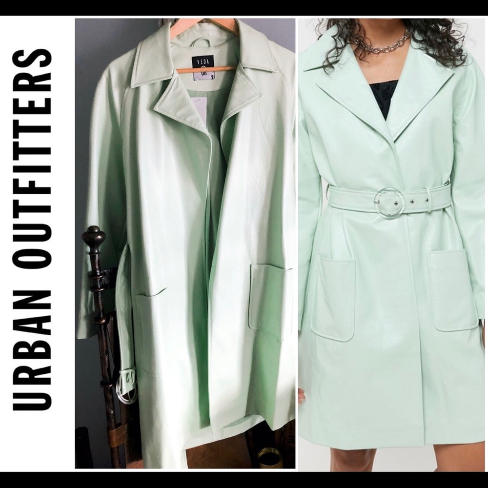 BRAND NEW VEDA + UO Vegan Leather Belted Trench Coat - Mint Green - Size S